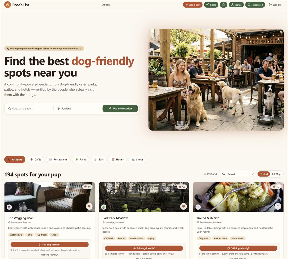 Screenshot of Rose's List — homepage with hero and listings grid