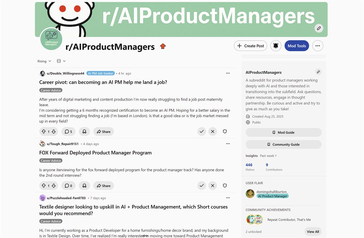 Screenshot of r/AIProductManagers subreddit — community banner and recent posts